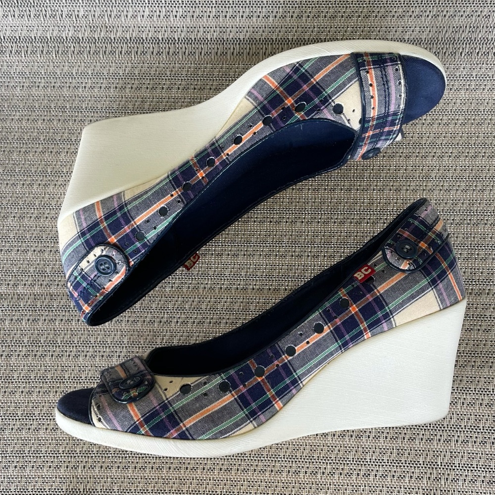 BC Footwear Plaid Fabric Peep-toe Wedges Navy Blue Size 9 - Picture 7 of 13